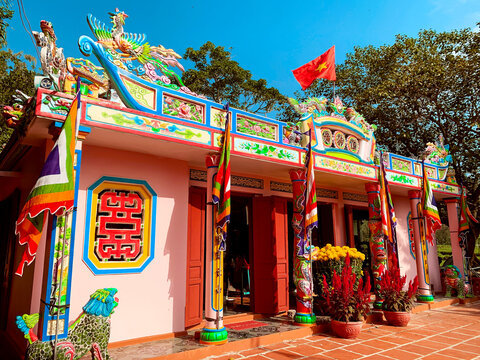 Ly Son Island, Vietnam - &lrm;&lrm;January 31, 2020 : Traditional Vietnamese Temple Architecture with Intricate Ornaments on Ly Son Island.