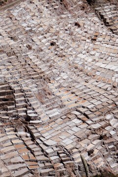 Aerial view of salt evaporation ponds at Maras Salt Mines in Sacred Valley Peru