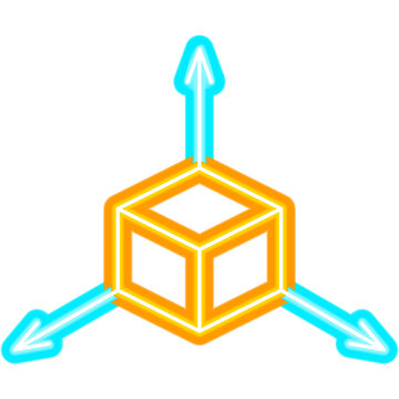 Cube Neon Sign. Vector Illustration of 3D Graphics Design. Arrow and Dimensions
