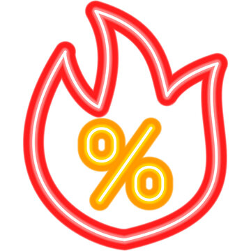 Hot Sale Neon Sign. Vector Illustration of Flame Percent Object. Fire with Discount Seasonal Shopping Tag.