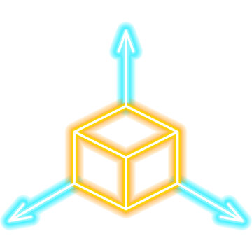 Cube Neon Sign. Illustration of 3D Graphics Design. Arrow and Dimensions