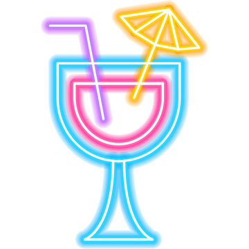 Cocktail Neon Sign. Illustration of Alcohol Drink Icon with Umbrella.