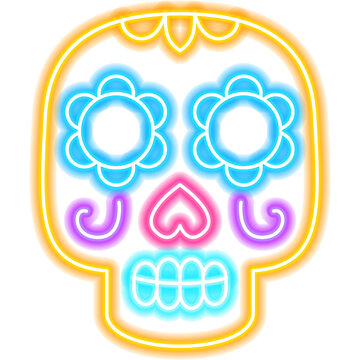 Day of the Dead Skull Neon Sign. Illustration of Mexican Promotion. Dia De Los Muertos Holiday   