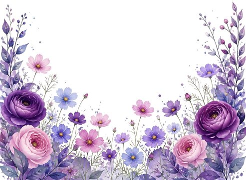 Multi colored watercolor botanical border with cosmos and dark purple ranunculus frame art