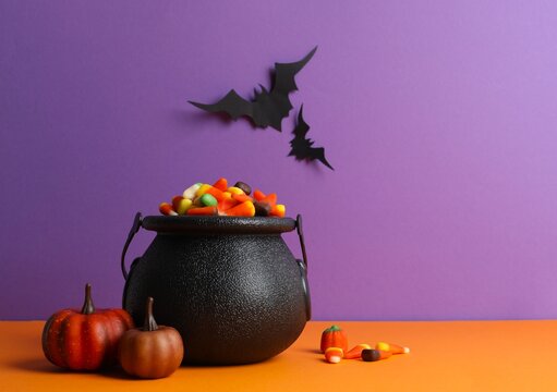 Halloween festive background with black cauldron, candy corn, pumpkins and black bats on two tone surface