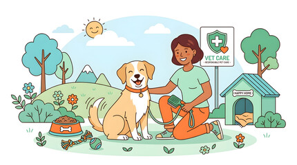 Fototapeta premium Dog Health and Pet Wellness Concept with Owner Caring for Dog, Food, Grooming, Exercise and Comfortable Shelter Illustration