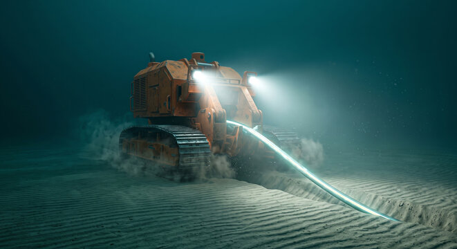 Subsea cable layer vehicle works on ocean floor with bright lights in deep darkness.