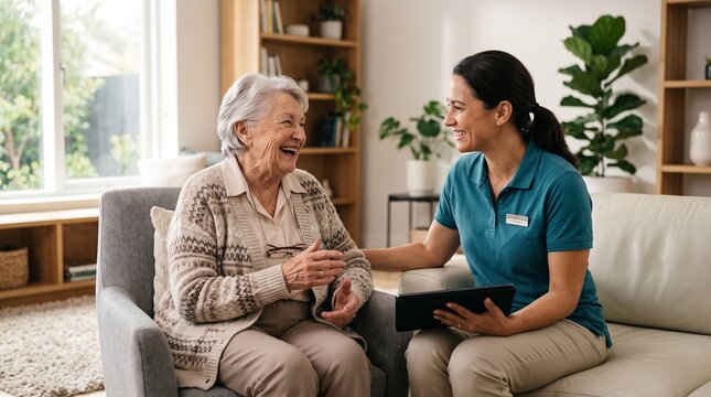Professional Caregiver Supporting Elderly Adult in Modern Living Environment