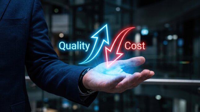 Business concept of quality improvement against cost reduction with glowing arrows in businessman's palm