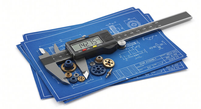 Digital vernier caliper on blue engineering blueprints. Precision measuring tool with mechanical parts. Industrial design and technical drafting concept.