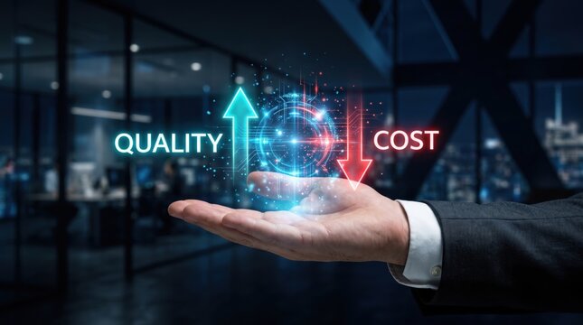Business hand balancing quality up and cost down with glowing abstract digital interface over blurred office background