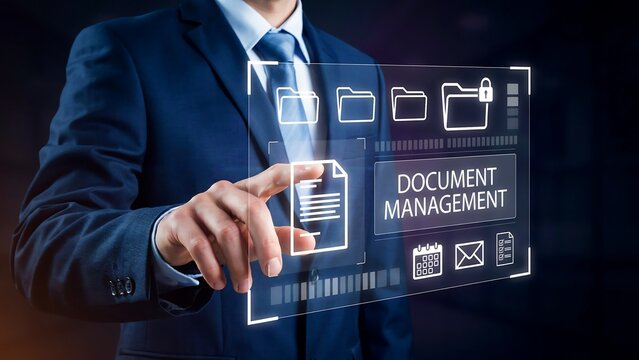A businessman in a suit interacting with a digital interface displaying a document management system. The interface shows various icons representing files, folders, and organizational tools