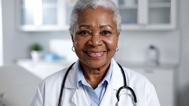 Black senior female physician confidently smiling in a medical clinic for professional healthcare websites, medical education, and practitioner awareness video