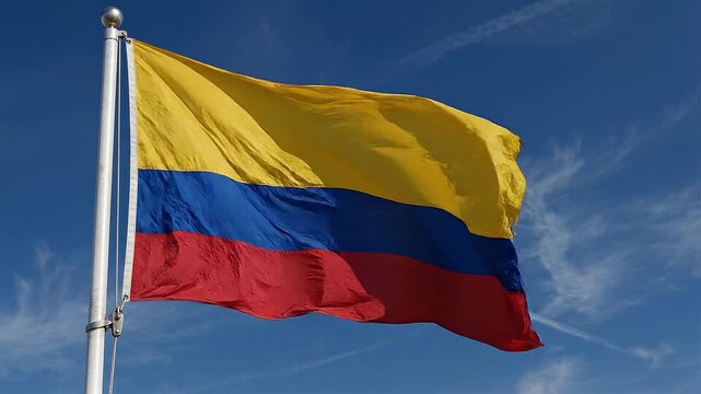 Colombian flag waving proudly against a clear blue sky with wispy clouds