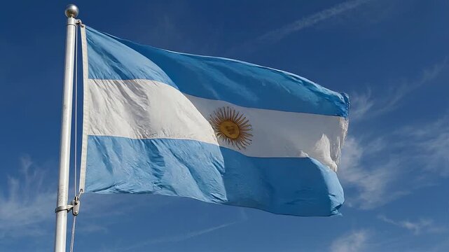 Argentinian flag waving proudly against a clear blue sky with wispy clouds