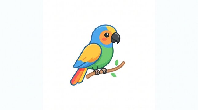 Cute cartoon parrot perched on a branch with colorful feathers.