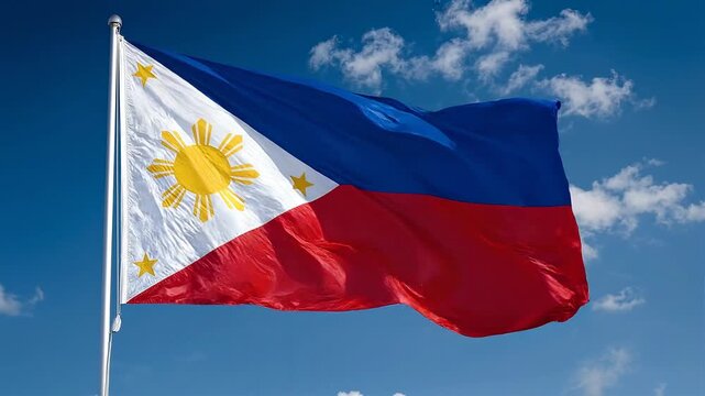 Philippine flag waving majestically against a bright blue sky with clouds