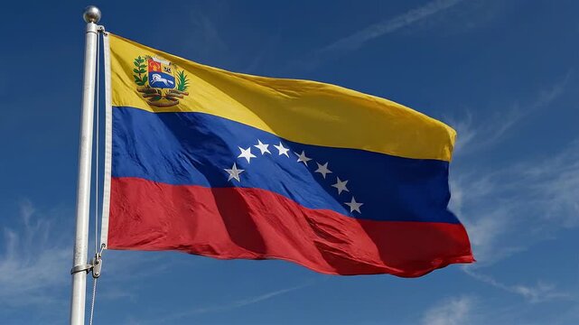 Venezuelan flag waving proudly against a clear blue sky with wispy clouds