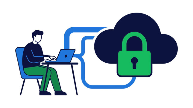Cloud Security Flat Vector Illustration of Developer Working on Laptop