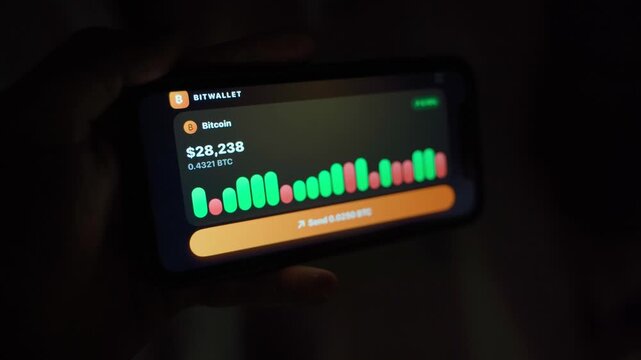 Hand holding smartphone with crypto wallet app showing balance and rising chart in the dark