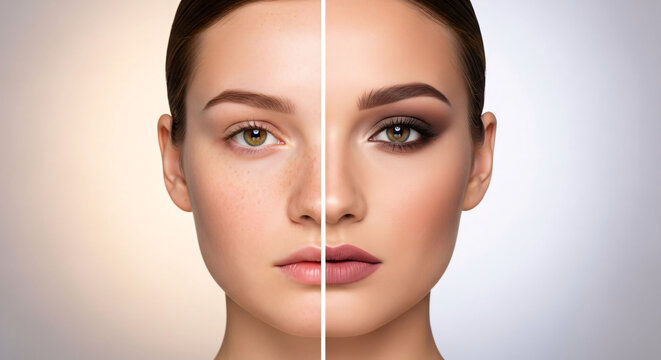 Model half face makeup half natural beauty comparison