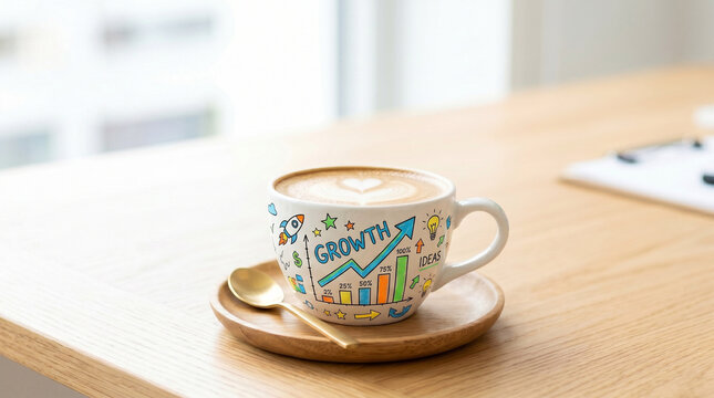 Cup of coffee with graph doodles on a wooden table  