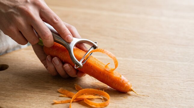 Stainless steel vegetable peeler skinning a fresh orange carrot. Person peeling raw organic carrot on wooden cutting board. Kitchen food preparation.