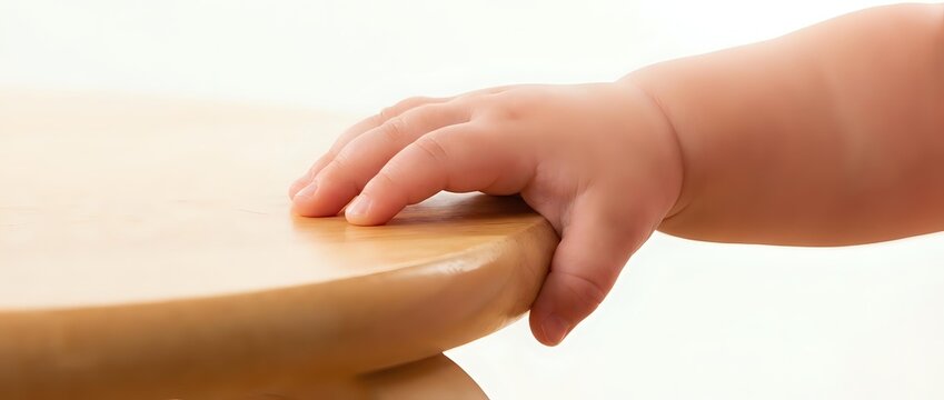 Infant hand gently grasping adult wooden stick or dowel rod
