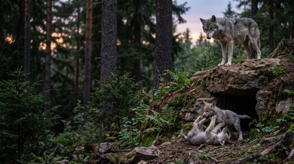 Fototapeta premium Wolf pups playing near den entrance with mother watching from rocky outcrop and copy space for wilderness posters