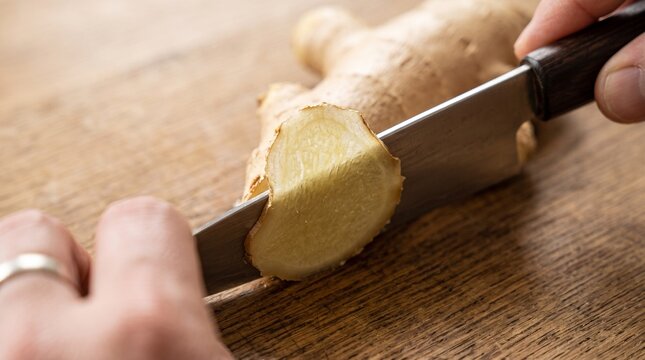 Fresh ginger root being sliced with a sharp knife on a wooden board, hands cutting organic ginger for cooking and healthy tea