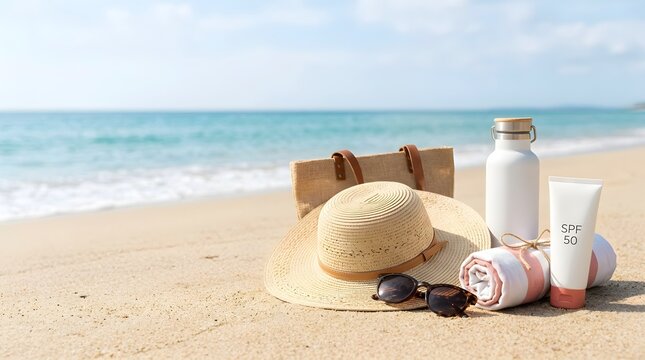 Beach towel with hat, sunglasses and sunscreen on sandy shore by ocean