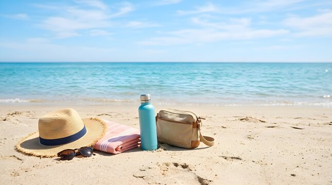 Beach essentials laid out on sandy shore by the ocean