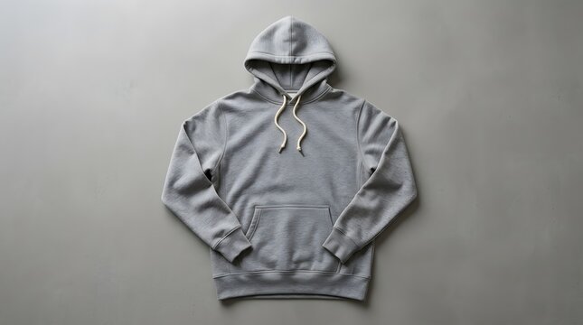 Gray hoodie on neutral background with drawstring hood