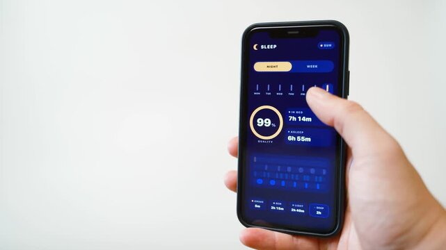 Hand holding smartphone with sleep tracking app in dark mode on white background