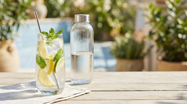 Fresh mint plant in a glass with metal straw on a patio table