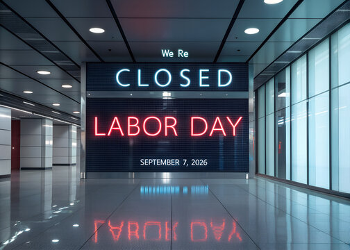 We are closed labor day sign in a modern office building hallway