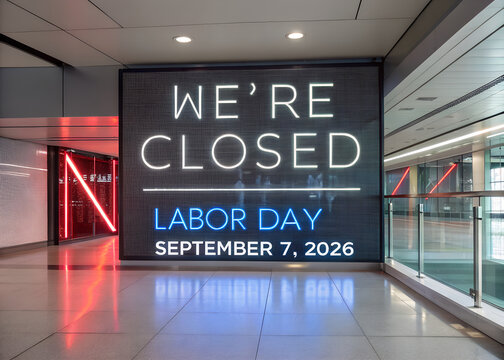 We are closed for labor day sign on a digital display board in a modern shopping mall hallway