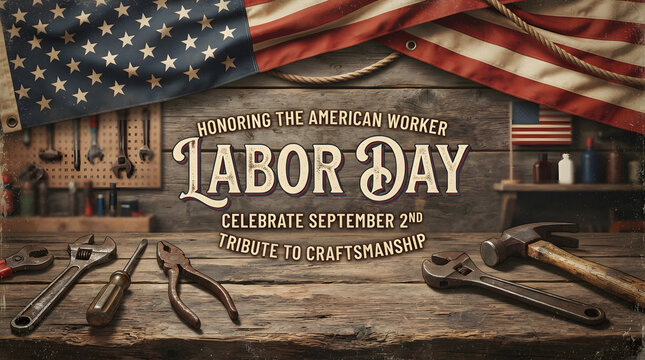 Vintage Labor Day parade banner with American flag and workers celebrating union solidarity
