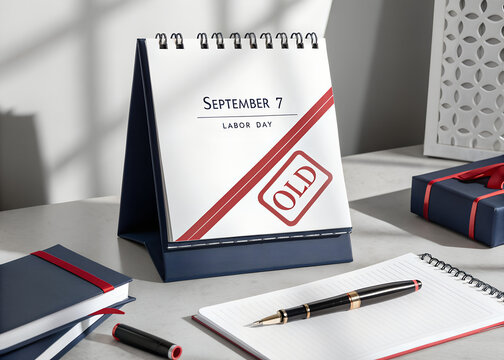 Desktop calendar showing september 7 labor day date with a red old stamp on a desk with a notebook and pen