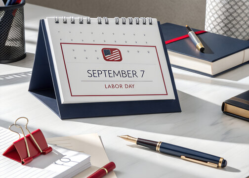 Desktop calendar showing september 7th as labor day on a work desk with a pen and office supplies
