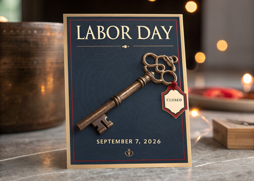 Labor day sign with a vintage key and closed tag on a dark background