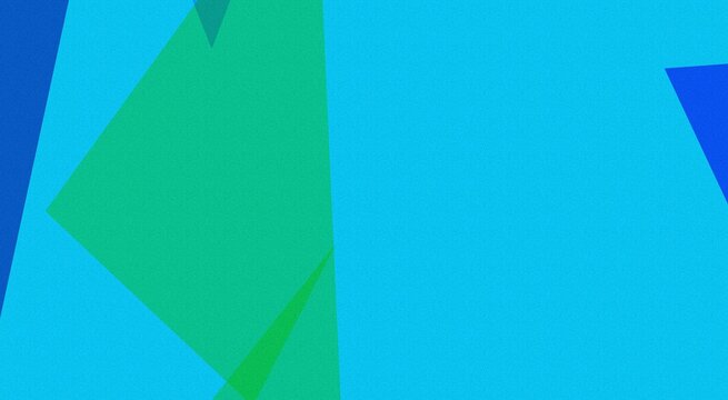 Abstract geometric composition featuring overlapping triangles and polygons in shades of cyan, bright blue, and vibrant green with sharp angular edges