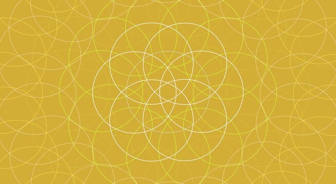 Flower of life geometric pattern with interlocking thin white circles on a solid mustard yellow background, repeating sacred geometry motif
