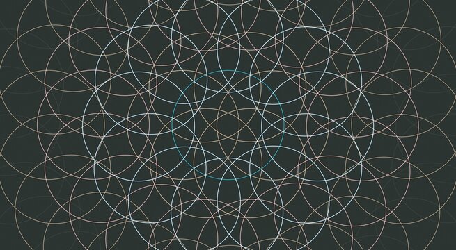 Geometric pattern of intersecting thin white, teal, and peach circles on a dark charcoal gray background, creating a complex, repeating circular grid