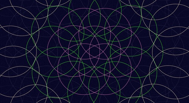Geometric mandala pattern of intersecting thin white, green, and purple circles on a dark navy blue background, creating a symmetrical grid structure