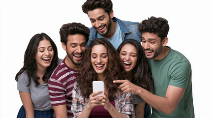 Obraz premium Group of happy young friends looking at a smartphone isolated on white background