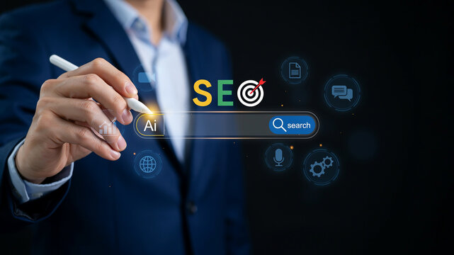 Person Using Stylus to Interact with SEO and AI Search Bar on a Digital Interface search engine optimization