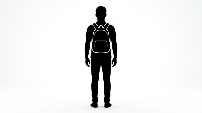 Back view of young man standing with backpack silhouette vector isolated on white background, traveler student concept