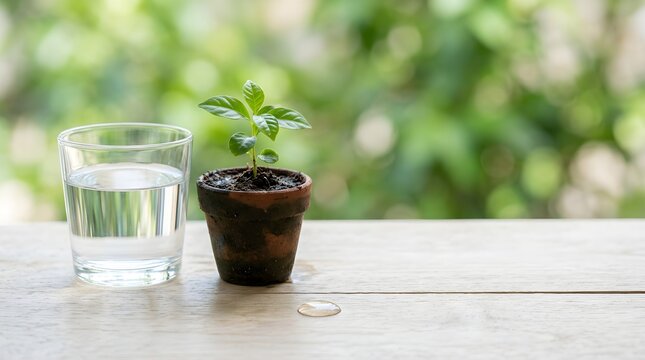 Small green tomato plant growing in a black pot outdoors