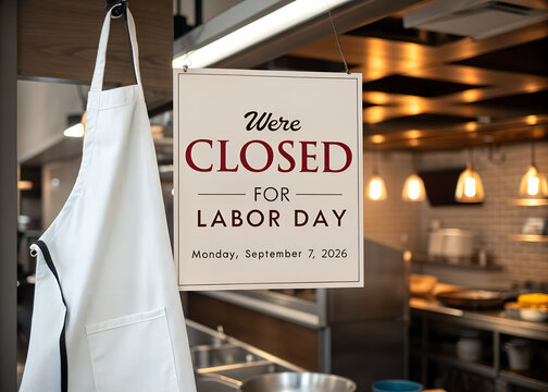 Closed for labor day sign hanging in a restaurant window with white apron